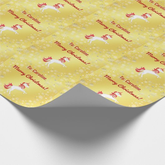 魔法のユニコーンスノーフレーク名メリークリスマスゴールデン ラッピングペーパー (角)