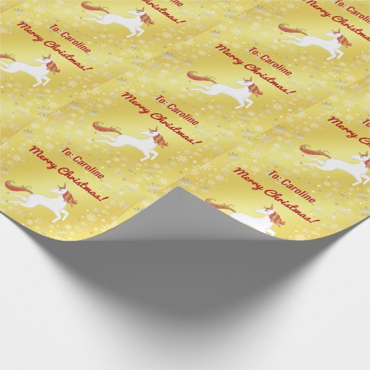 魔法のユニコーンスノーフレーク名メリークリスマスゴールデン ラッピングペーパー (角)