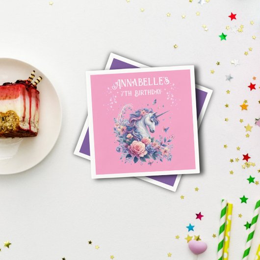 魔法のユニコーンスパープルピンクパープルガール誕生日 スタンダードカクテルナプキン