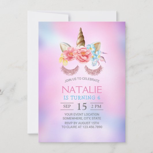 魔法のユニコーンドリームピンクブルーグラデーション誕生日 招待状 (正面)