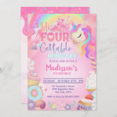 魔法のユニコーンドーナツ甘い4歳の誕生日 招待状 (正面/裏面)