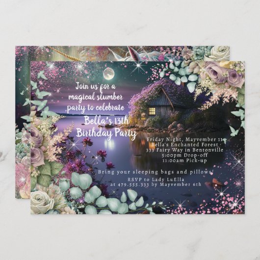 魔法のユニコーンバースデーパーティー招待状 招待状 (正面/裏面)