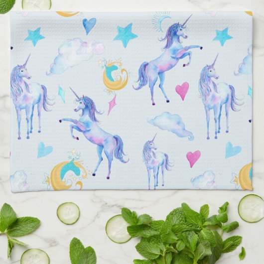 魔法のユニコーンパターンウォーターカラーファンタジーデザイン キッチンタオル (折り畳み)
