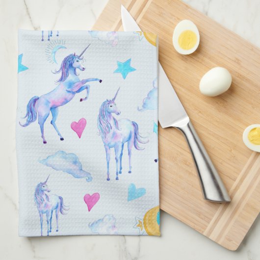 魔法のユニコーンパターンウォーターカラーファンタジーデザイン キッチンタオル (四つ折り)