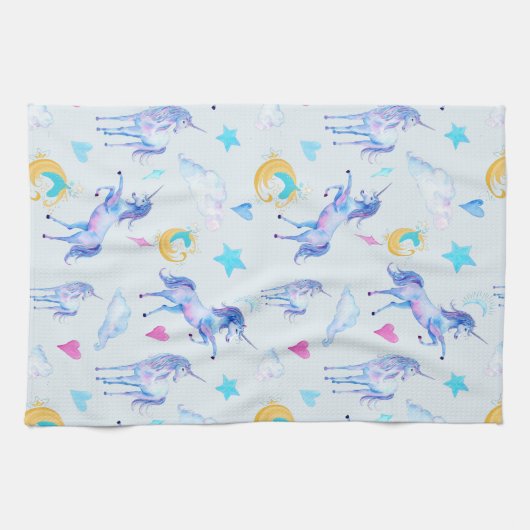 魔法のユニコーンパターンウォーターカラーファンタジーデザイン キッチンタオル (横)