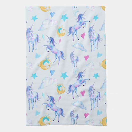 魔法のユニコーンパターンウォーターカラーファンタジーデザイン キッチンタオル (縦)