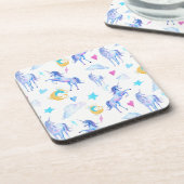 魔法のユニコーンパターンウォーターカラーファンタジーデザイン コースター (左側)
