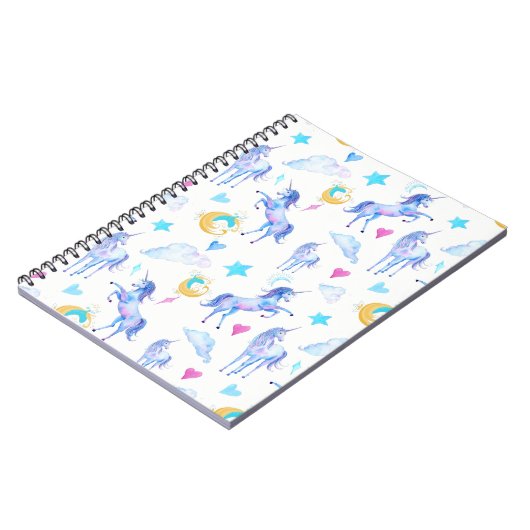 魔法のユニコーンパターンウォーターカラーファンタジーデザイン ノートブック (左側)