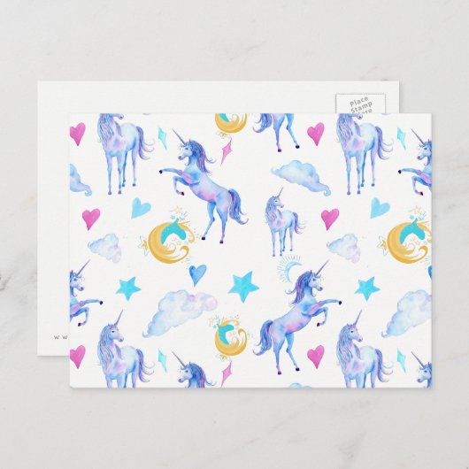 魔法のユニコーンパターンウォーターカラーファンタジーデザイン ポストカード (正面/裏面)