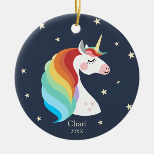 魔法のユニコーンパーソナライズされたレインボークリスマス セラミックオーナメント (正面)