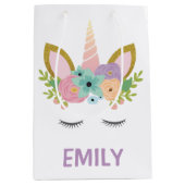 魔法のユニコーンパーソナライズされた名グリッターガーリー ミディアムペーパーバッグ (正面)