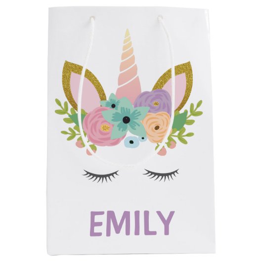 魔法のユニコーンパーソナライズされた名グリッターガーリー ミディアムペーパーバッグ (正面)