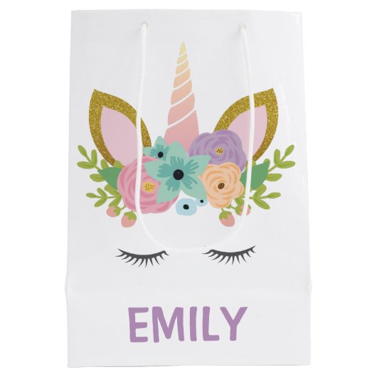 魔法のユニコーンパーソナライズされた名グリッターガーリー ミディアムペーパーバッグ (裏面)