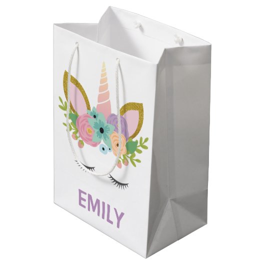 魔法のユニコーンパーソナライズされた名グリッターガーリー ミディアムペーパーバッグ (裏面アングル)