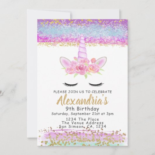 魔法のユニコーンパーソナライズされた誕生日パーティー 招待状 (正面)