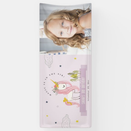 魔法のユニコーンパープル薄紫キッズフォト誕生日 横断幕 (縦)