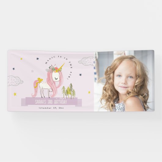 魔法のユニコーンパープル薄紫キッズフォト誕生日 横断幕 (横)