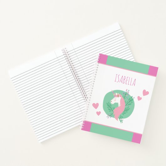 魔法のユニコーンピンクとティール（緑がかった色）小さな女の子名 ノートブック (内部)