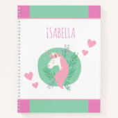 魔法のユニコーンピンクとティール(緑がかった色)小さな女の子名 ノートブック (正面)