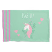 魔法のユニコーンピンクとティール（緑がかった色）小さな女の子名 枕カバー (正面)