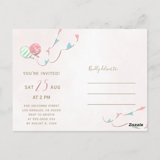 魔法のユニコーンピンクと金ゴールドの女の子の誕生日パーティー ポストカード (裏面)