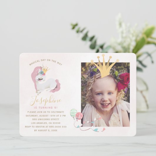 魔法のユニコーンピンクと金ゴールドの女の子の誕生日 招待状 (スタンド正面)
