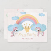 魔法のユニコーンピンクと金ゴールドの女の子ハッピーバースデー ポストカード (正面/裏面)