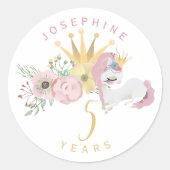 魔法のユニコーンピンクと金ゴールド5歳の誕生日の女の子 ラウンドシール (正面)