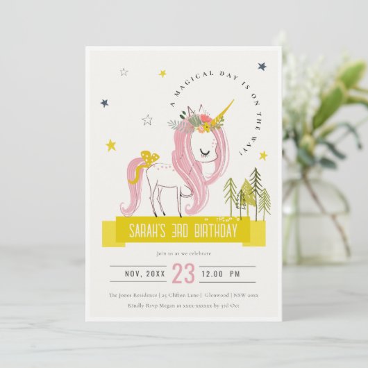 魔法のユニコーンピンクイエロー子供の誕生日写真 招待状 (スタンド正面)