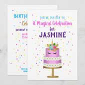 魔法のユニコーンピンクケーキ紙吹雪 招待状 (正面/裏面)