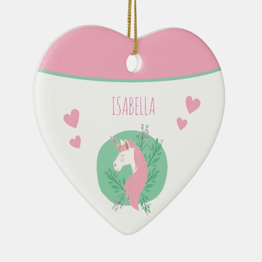 魔法のユニコーンピンクティール（緑がかった色）wネームガールクリスマス セラミックオーナメント (右)