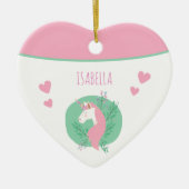 魔法のユニコーンピンクティール（緑がかった色）wネームガールクリスマス セラミックオーナメント (正面)