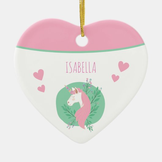 魔法のユニコーンピンクティール（緑がかった色）wネームガールクリスマス セラミックオーナメント (正面)