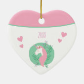 魔法のユニコーンピンクティール（緑がかった色）wネームガールクリスマス セラミックオーナメント (裏面)