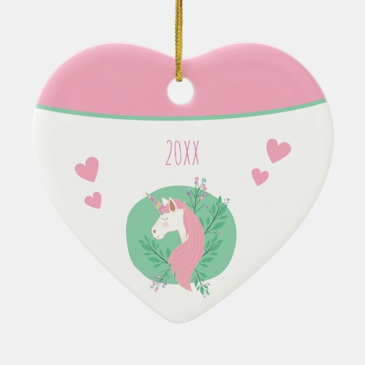 魔法のユニコーンピンクティール（緑がかった色）wネームガールクリスマス セラミックオーナメント (裏面)