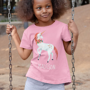 魔法のユニコーンピンク名前をカスタムするの女の子Tシャツ Tシャツ