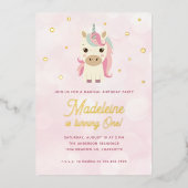 魔法のユニコーンピンク金ゴールドドット1st誕生日 箔招待状 (正面)