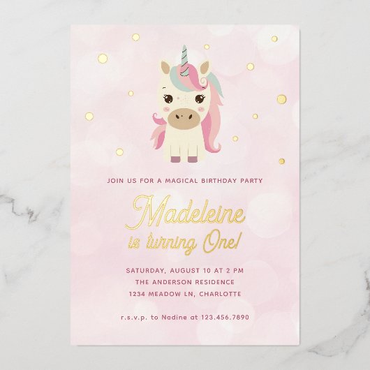 魔法のユニコーンピンク金ゴールドドット1st誕生日 箔招待状 (正面)