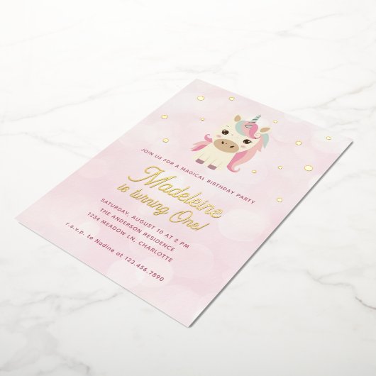 魔法のユニコーンピンク金ゴールドドット1st誕生日 箔招待状 (回転した状態)