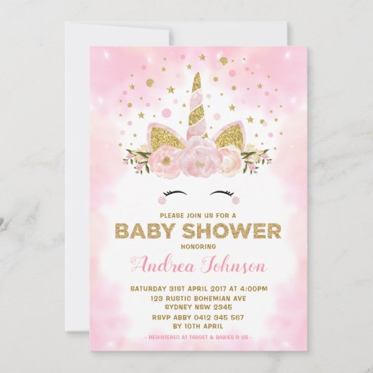 魔法のユニコーンピンク雲ガールベビーシャワー 招待状 (正面)