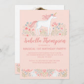 魔法のユニコーンピンク1st誕生日パーティの招待状 招待状 (正面/裏面)