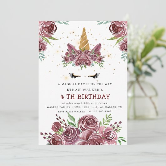 魔法のユニコーンブルゴーニュバラ誕生日招待状 招待状 (スタンド正面)