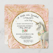 魔法のユニコーンベビーガールシャワーマーブルバラ金ゴールド 招待状 (正面/裏面)