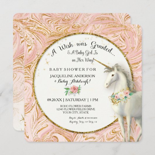魔法のユニコーンベビーガールシャワーマーブルバラ金ゴールド 招待状 (正面/裏面)