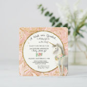 魔法のユニコーンベビーガールシャワーマーブルバラ金ゴールド 招待状 (スタンド正面)