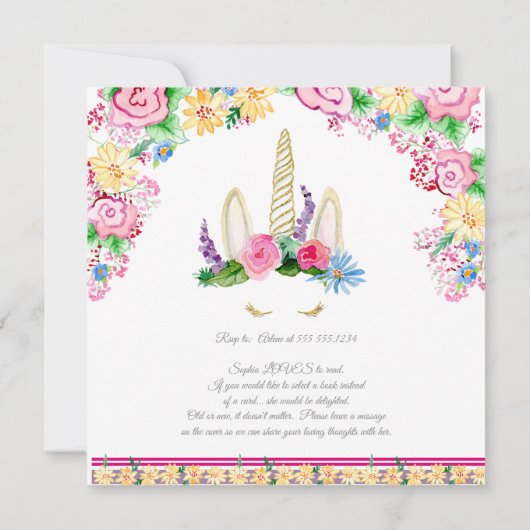 魔法のユニコーンホーンベビーガールシャワー水色 招待状 (裏面)