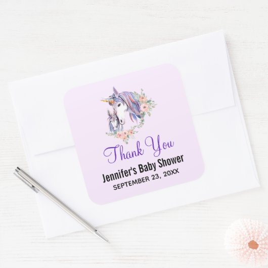 魔法のユニコーンママ&ベビーの水の色ありがとう スクエアシール (封筒)