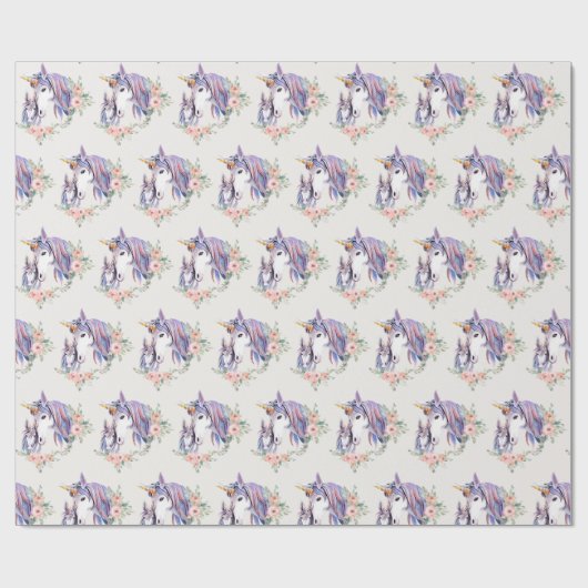 魔法のユニコーンママ&ベビー水彩パターン ラッピングペーパー (フラット)