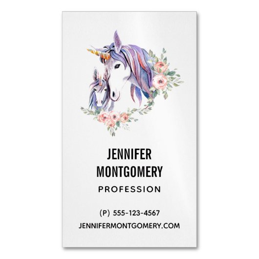 魔法のユニコーンママ&ベビー水彩 マグネット名刺 (正面縦)