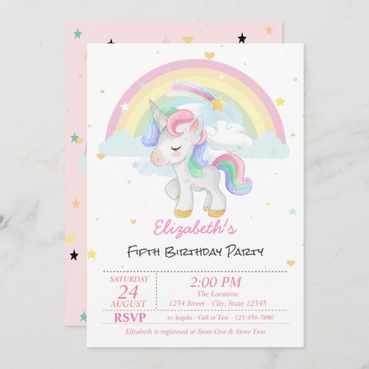 魔法のユニコーンレインボースターバースデー 招待状 (正面/裏面)